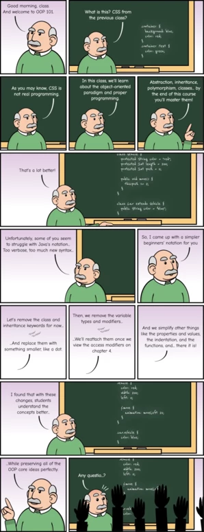 Comic with a professor entering the Object Oriented programming (OOP) 101 class. He sees some CSS code on the blackboard and says that CSS is not real programming, and how at the end of the course the students will master inheritance, abstraction, encapsulation, and all the OOP concepts. He writes some Java code on the blackboard and explains how some students had trouble with the notation and the syntax, so he came up with an easier notation. He removes classes and types, replaces some things, and in the end, the resulting code looks like CSS code. The professor looks confused as all the students raise their hands with questions.