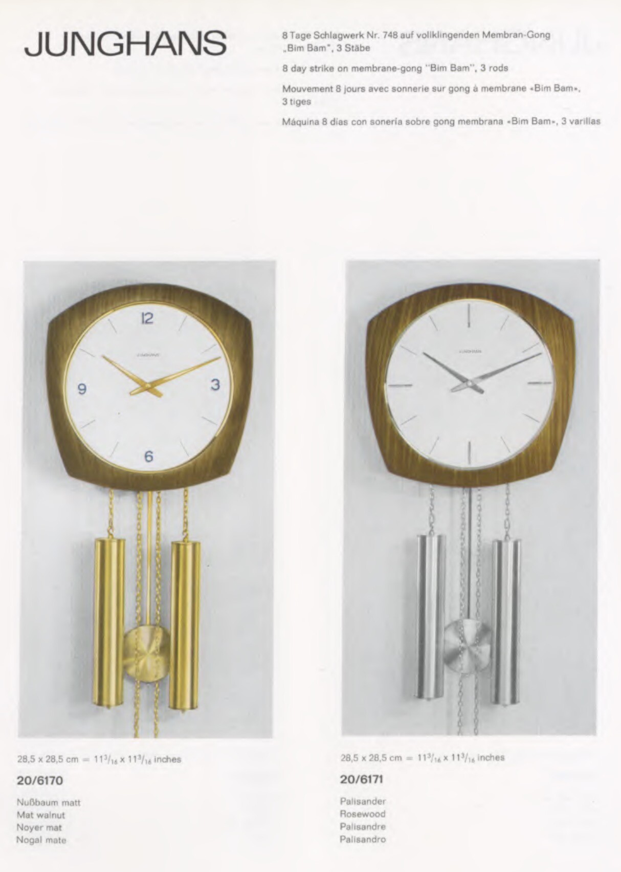 Page of a Junghans catalog showing two pendulum clocks - both in curved trapezoid frames with two weights. One has gold fixtures and latin numbers on the quarter-hour. The other is silver, with no numbers only long silver chapter marks. The text quoted above is given in 4 languages, along with dimensions (28.5cm or 11 3/16 in)