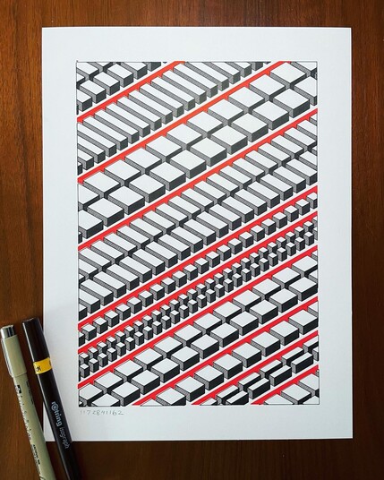 Rows of isometric boxes of different sizes drawn in black are separated by red pathways running diagonally across the page.