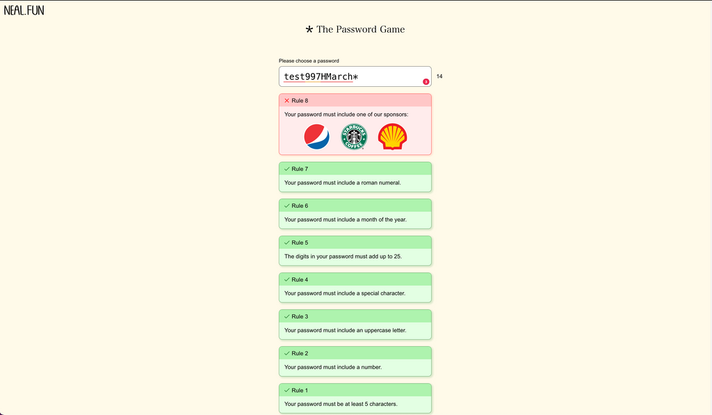 Neal's Fun: Solving The Password Game - Ackadia