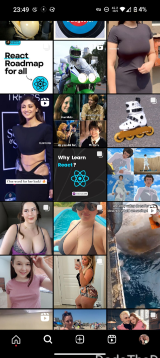 a screenshot of Instagram search screen, mostly showing lewd pictures of women, lots of AI pictures of Harry Potter characters in suggestive scenes and plenty of adverts.