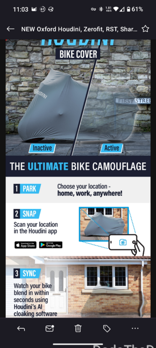 screenshot of an email selling a camouflage bike cover. you put the cover on, take a picture with your phone via the app, and the bike cover shows what's behind your bike, seemingly cloaking it.