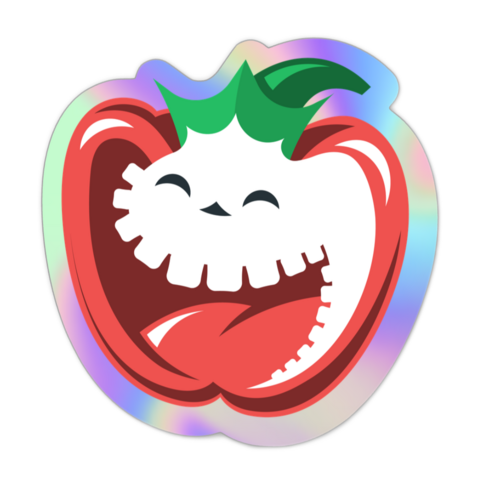 A cartoon deliriously happy bell pepper, on a holographic sticker background.