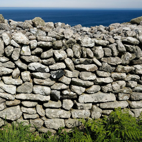 A photo of a dry stone wall, possibly from Cornwall, UK. The walls are both ordered and haphazard, built with stones of varying size, not organised into rows or columns, but all fitting perfectly together.