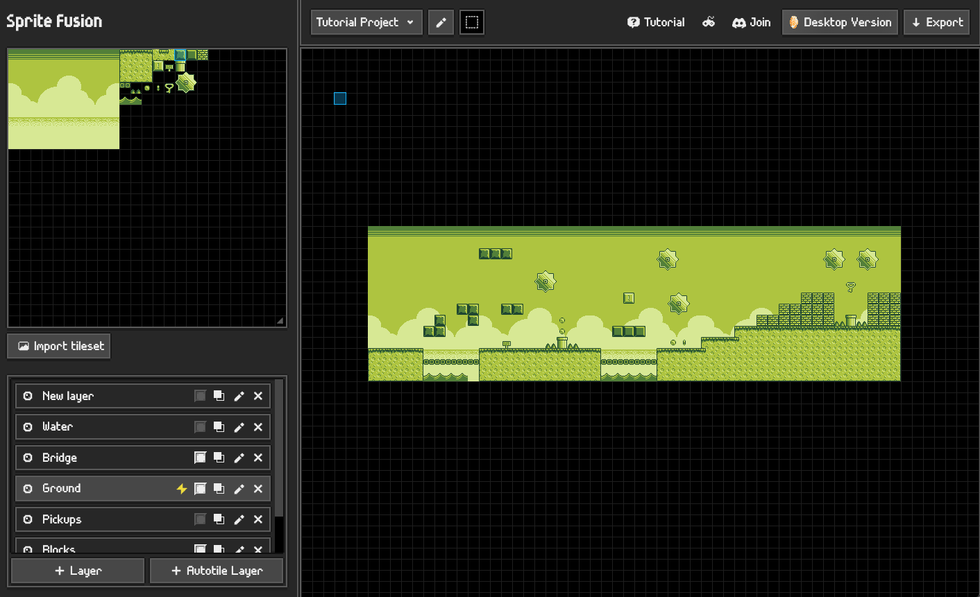 Screenshot of a retro-style level editor in Sprite Fusion with a Game Boy tileset, showing layered ground, water, blocks, and pickups in a 2D side-scrolling map.