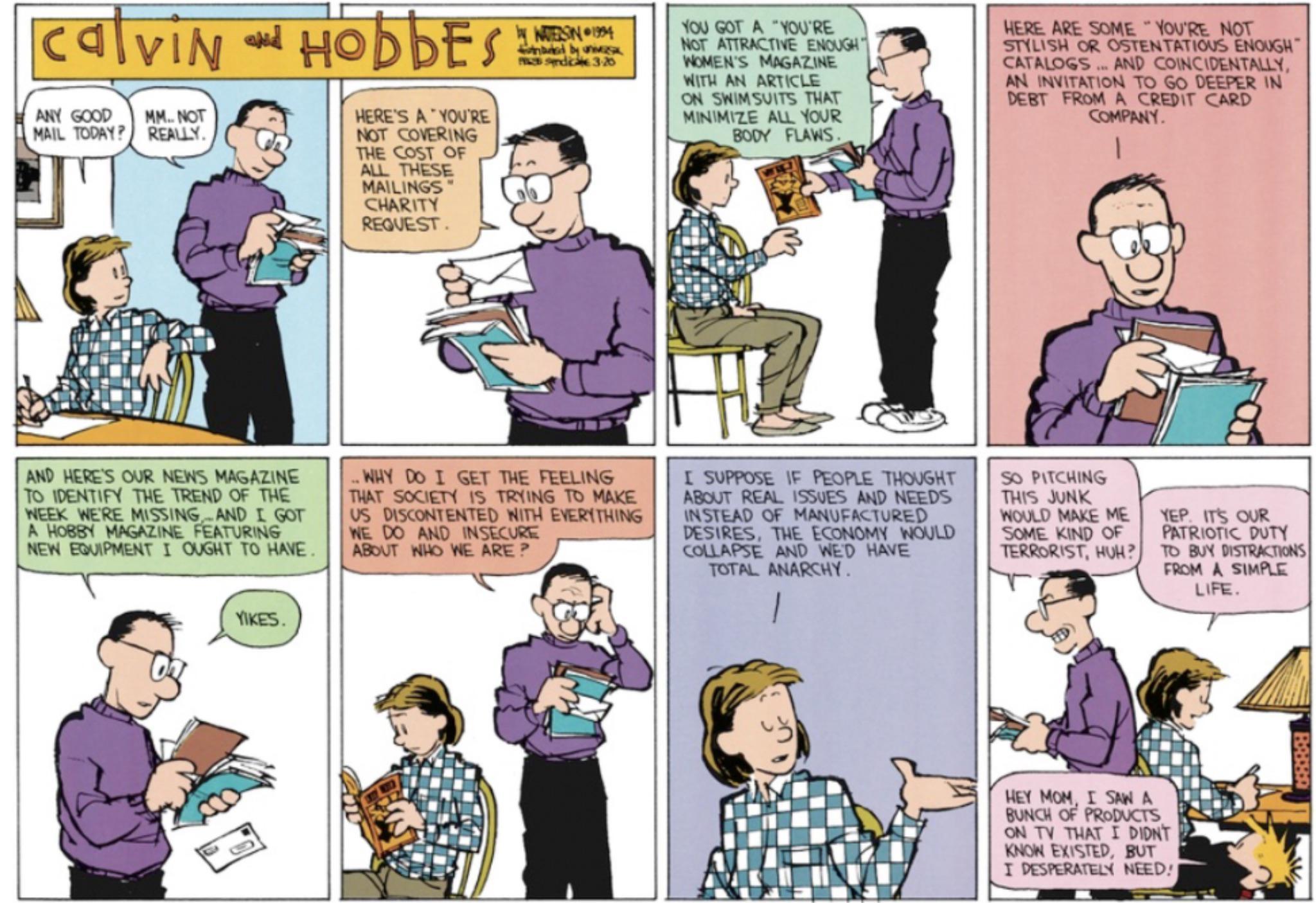 A Calvin and Hobbes Sunday comic featuring mostly Calvin's mom and dad.

Mom: ANY GOOD MAIL TODAY?

Dad: MM... NOT REALLY.

HERE'S A YOU'RE NOT COVERING THE COST OF ALL THESE MAILINGS CHARITY REQUEST.

YOU GOT A "YOU'RE NOT ATTRACTIVE ENOUGH WOMEN'S MAGAZINE WITH AN ARTICLE ON SWIMSUITS THAT MINIMIZE ALL YOUR BODY FLAWS.

HERE ARE SOME YOU'RE NOT STYLISH OR OSTENTATIOUS ENOUGH CATALOGS... AND COINCIDENTALLY, AN INVITATION TO GO DEEPER IN DEBT FROM A CREDIT CARD COMPANY.

AND HERE'S OUR NEWS MAGAZINE TO IDENTIFY THE TREND OF THE WEEK WE'RE MISSING AND I GOT A HOBBY MAGAZINE FEATURING NEW EQUIPMENT I OUGHT TO HAVE.

YIKES.

WHY DO I GET THE FEELING THAT SOCIETY IS TRYING TO MAKE US DISCONTENTED WITH EVERYTHING WE DO AND INSECURE ABOUT WHO WE ARE?

Mom: I SUPPOSE IF PEOPLE THOUGHT ABOUT REAL ISSUES AND NEEDS INSTEAD OF MANUFACTURED DESIRES, THE ECONOMY WOULD COLLAPSE AND WED HAVE TOTAL ANARCHY.

Dad: SO PITCHING THIS JUNK WOULD MAKE ME SOME KIND OF TERRORIST, HUH?

Mom: YEP. IT'S OUR PATRIOTIC DUTY TO BUY DISTRACTIONS FROM A SIMPLE LIFE.

Calvin: HEY MOM, I SAW A BUNCH OF PRODUCTS ON TV THAT I DIDN'T KNOW EXISTED, BUT I DESPERATELY NEED!