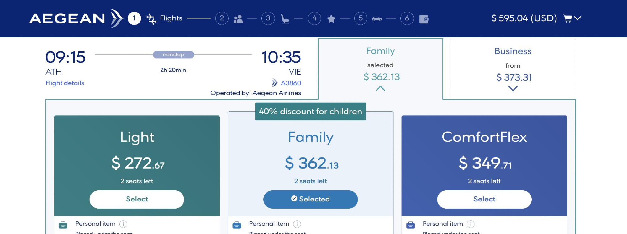 Family pricing screenshot, showing 40% off for children