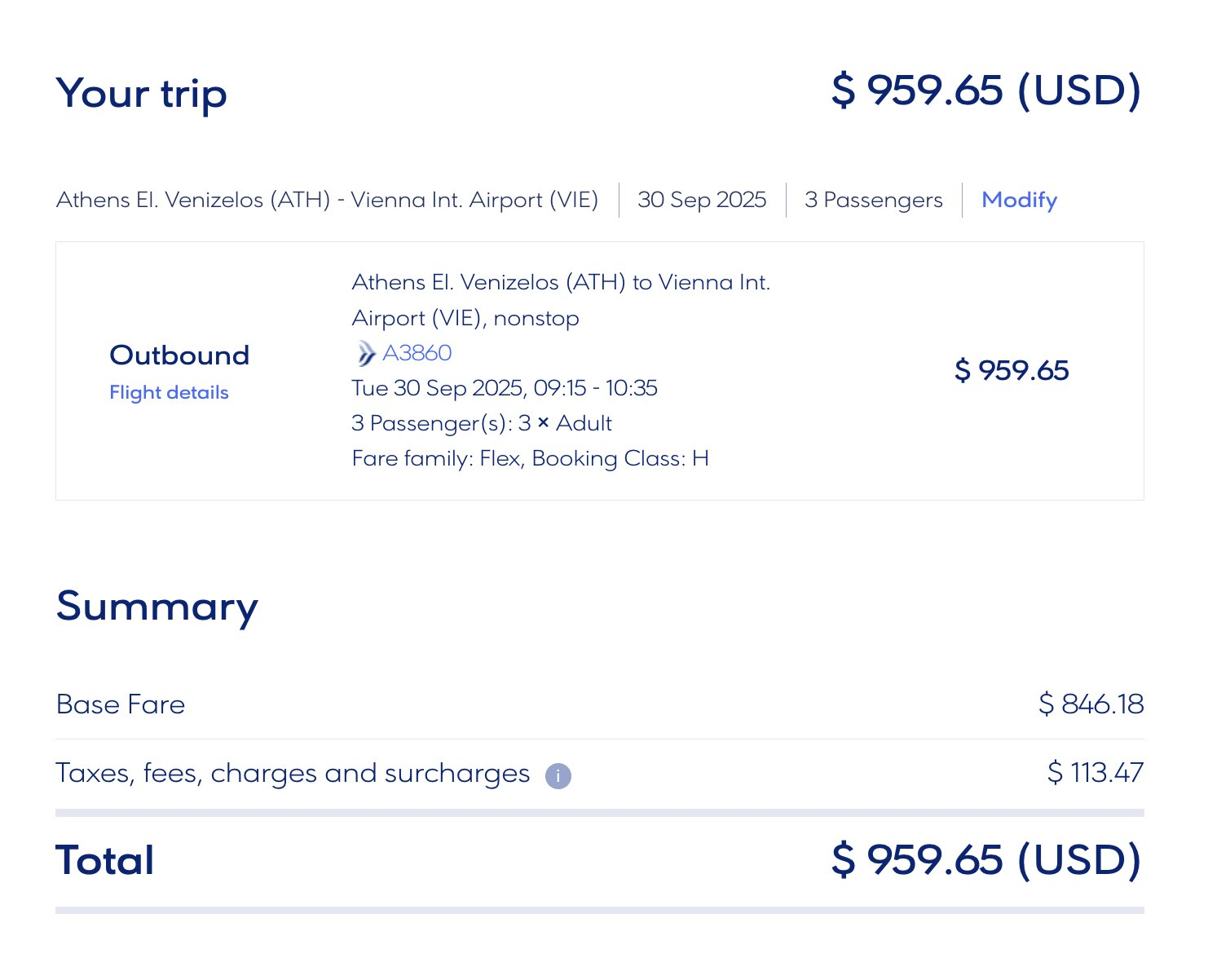 Screenshot showing total with Flex fare