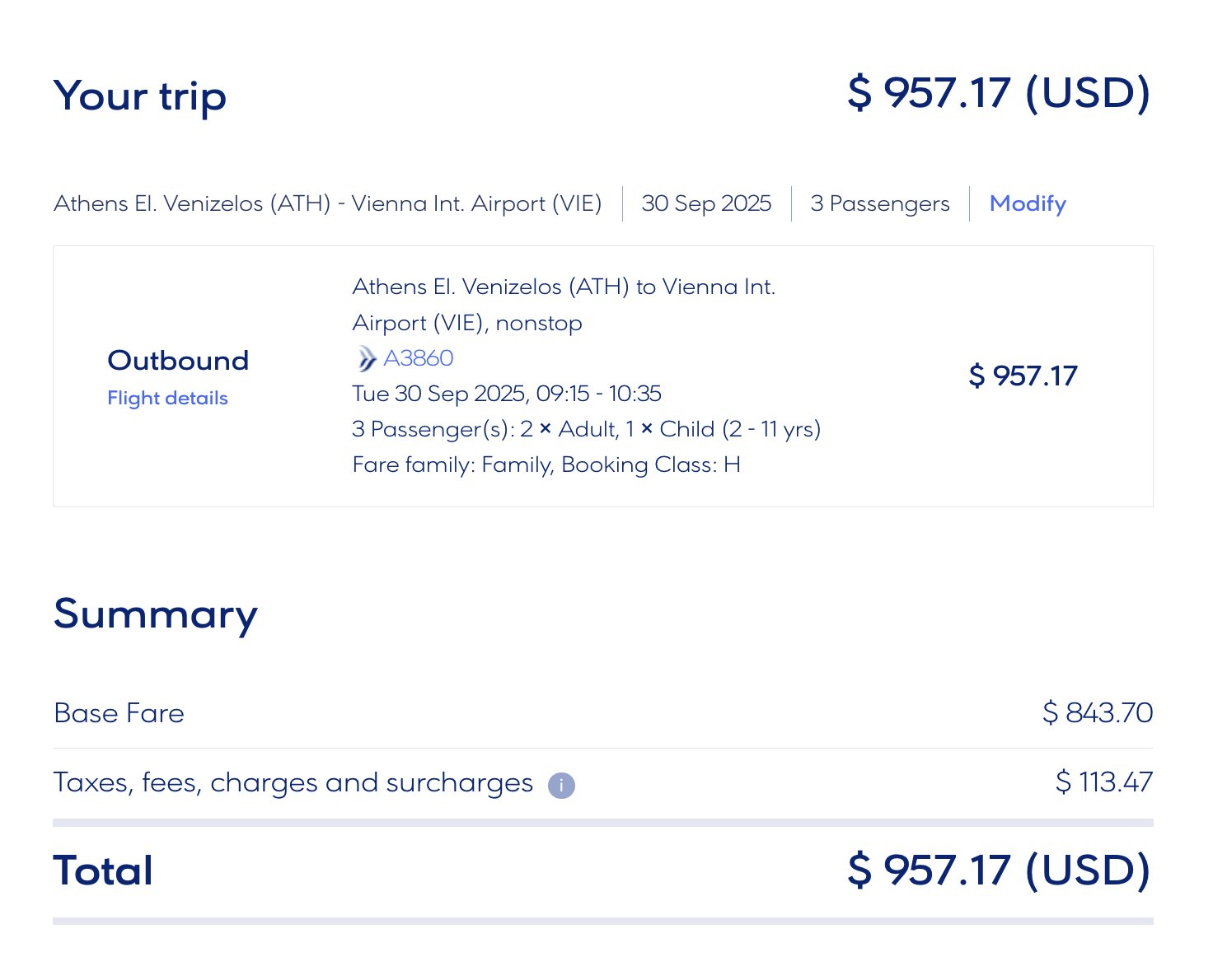 Screenshot showing total with Family fare