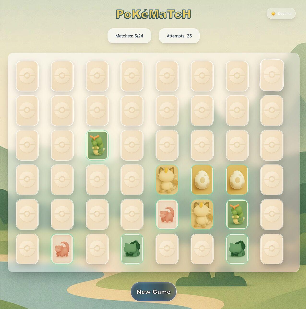 Screenshot of a Pokémon-themed memory game titled PokéMaTcH showing a 6 by 6 grid of cards, some flipped to reveal Pokémon including Caterpie, Meowth, Bulbasaur, Vulpix, and a Pokémon egg.