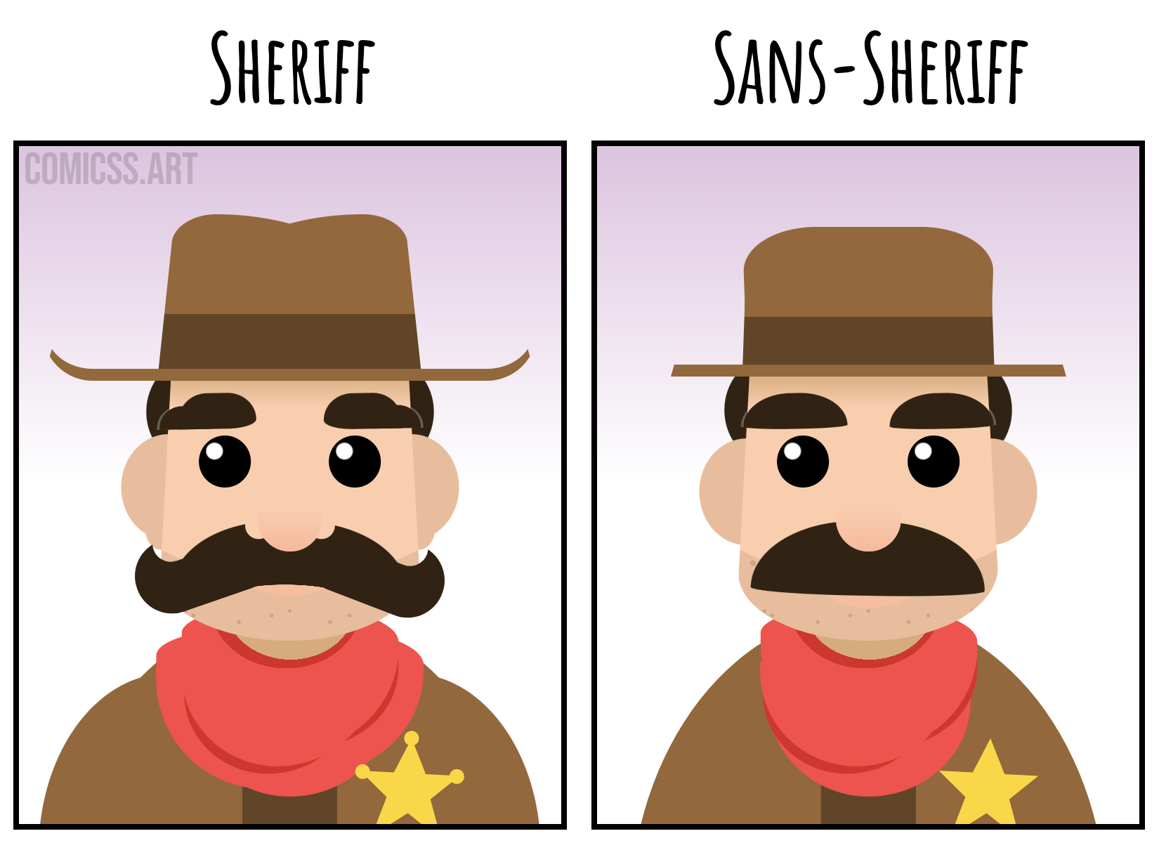 cartoon with two panels. The first one shows a sheriff with a curly mustache, curly cowboy hat, curly eyebrows, and additional shadows that make it 'fancy'; it is titled Sheriff. The second one is the same sheriff, but the mustache is straight also the eyebrows and the cowboy hat; it is titled Sans-Sheriff.