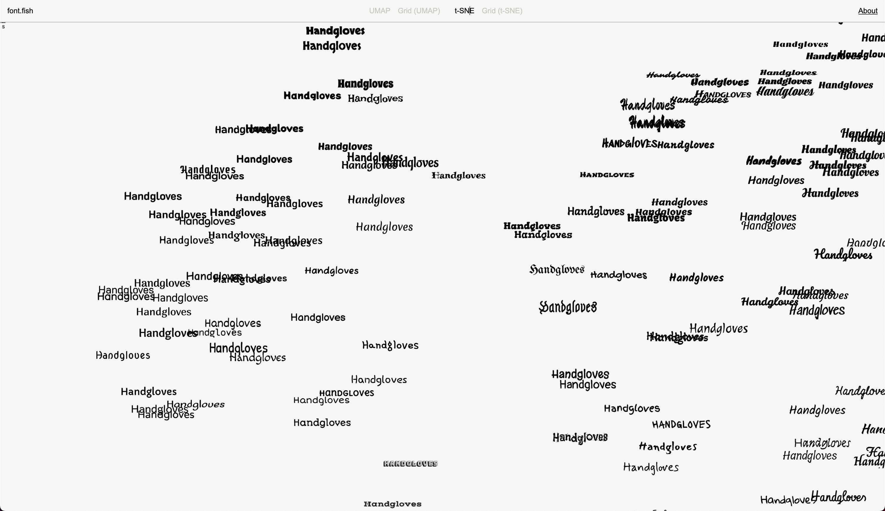 Screenshot of a browser-based font exploration tool using a t-SNE layout. The word Handgloves is displayed repeatedly in various fonts, each in different styles, weights, and sizes, scattered across the screen to visualize typographic diversity.