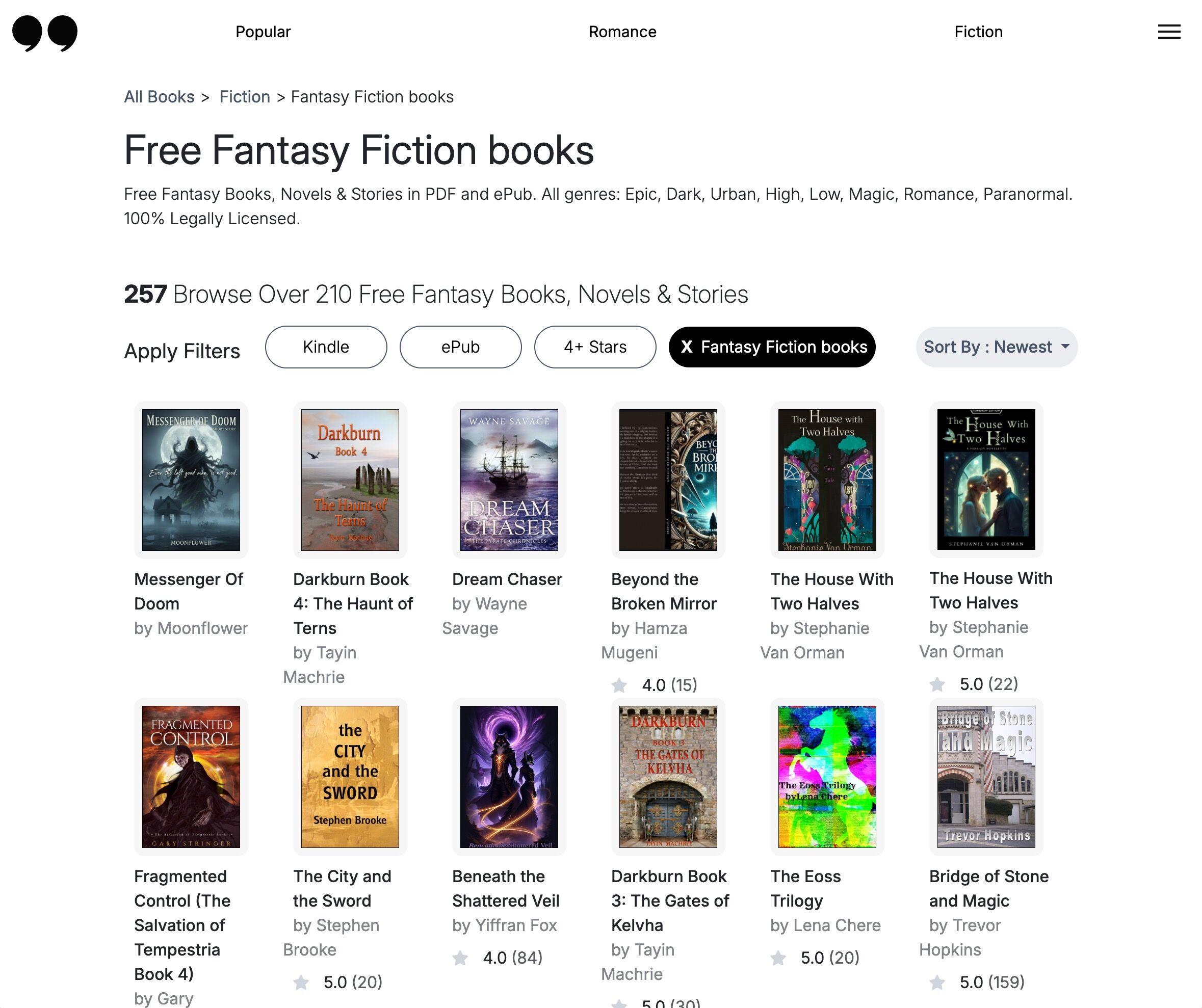 Screenshot of a book browsing page titled Free Fantasy Fiction books, with with more than 210 fantasy books, novels and stories, displayed in a grid list.