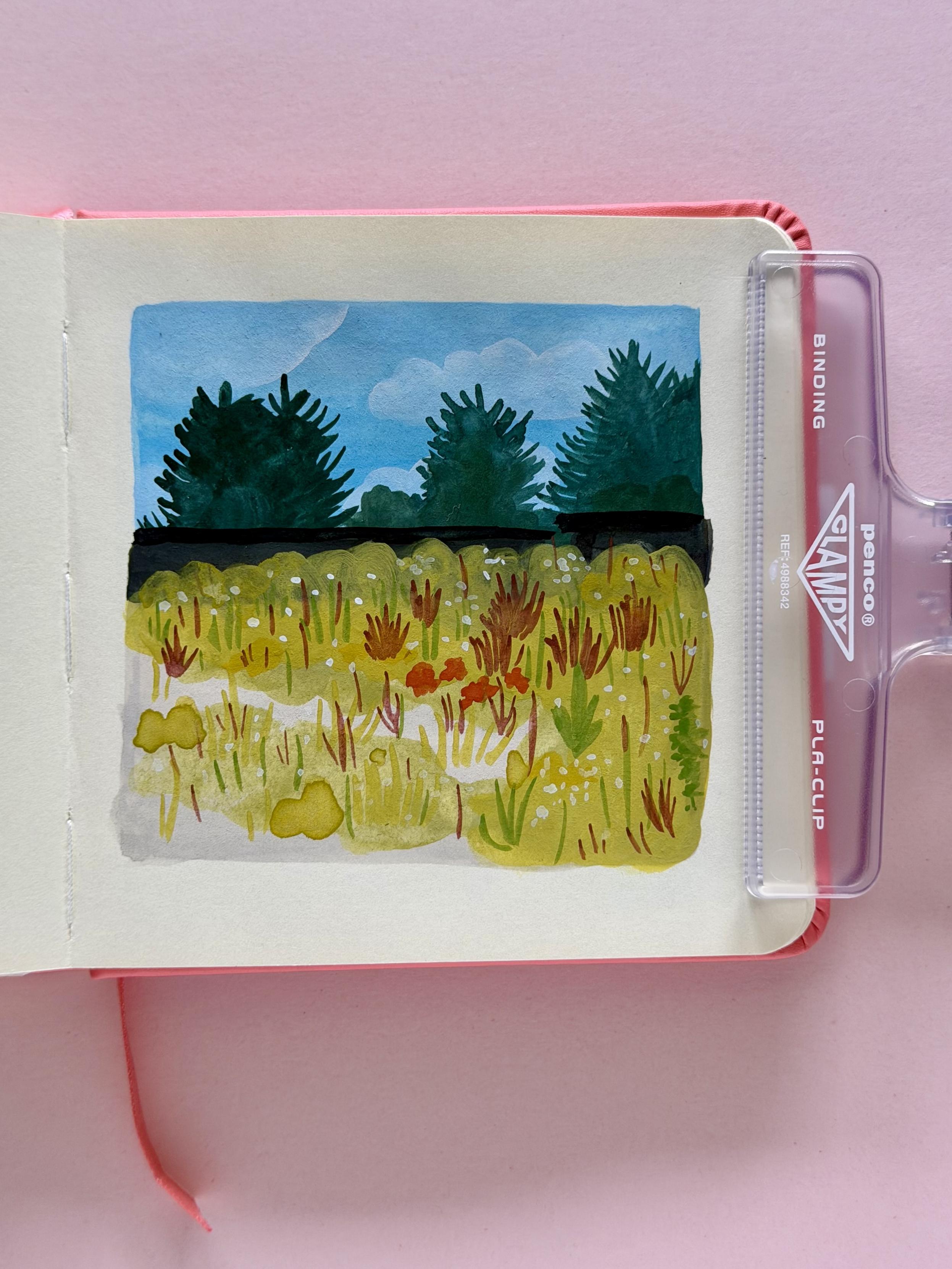 A small gouache scene with a blue, cloudy sky, dark green conifers, and nondescript buildings behind an abandoned lot. The lot is completely full of weeds in green and burgundy, with pops of white and orange. The mark making is loose and gestural.
