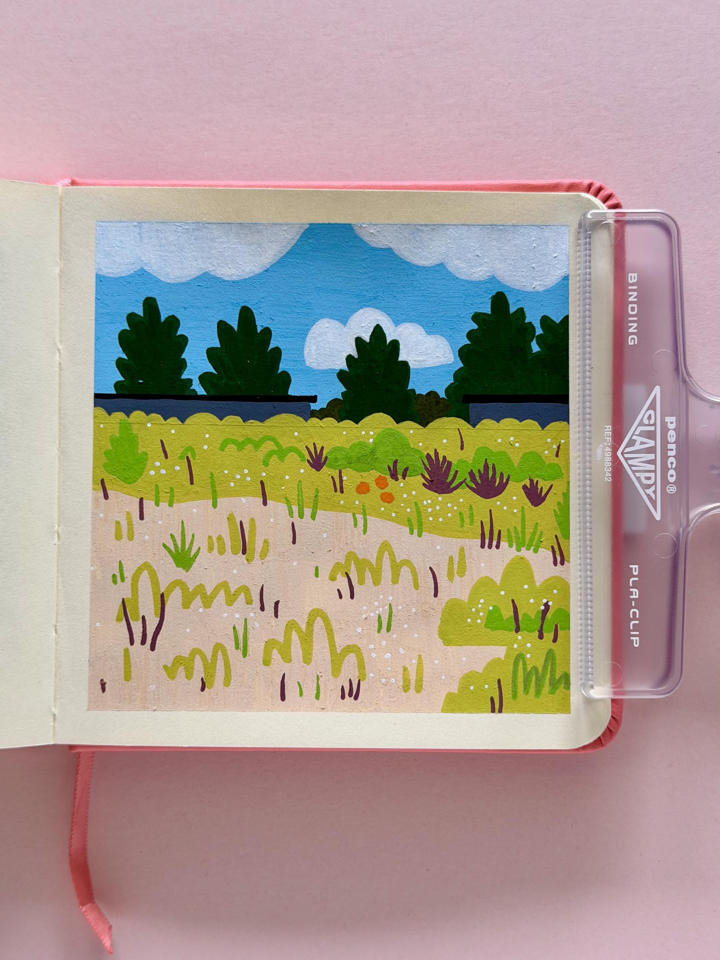 The same scene but drawn with acrylic markers. Colors are more vibrant, and shapes are more geometric and playful