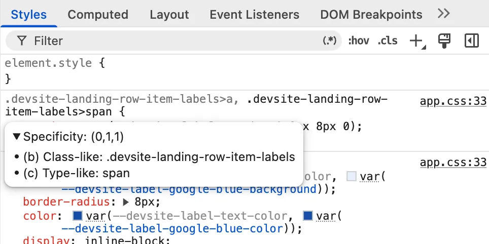 New in Chrome DevTools in Chrome 151 (which goes stable mid July):The specificity bubble can now show you a breakdown...