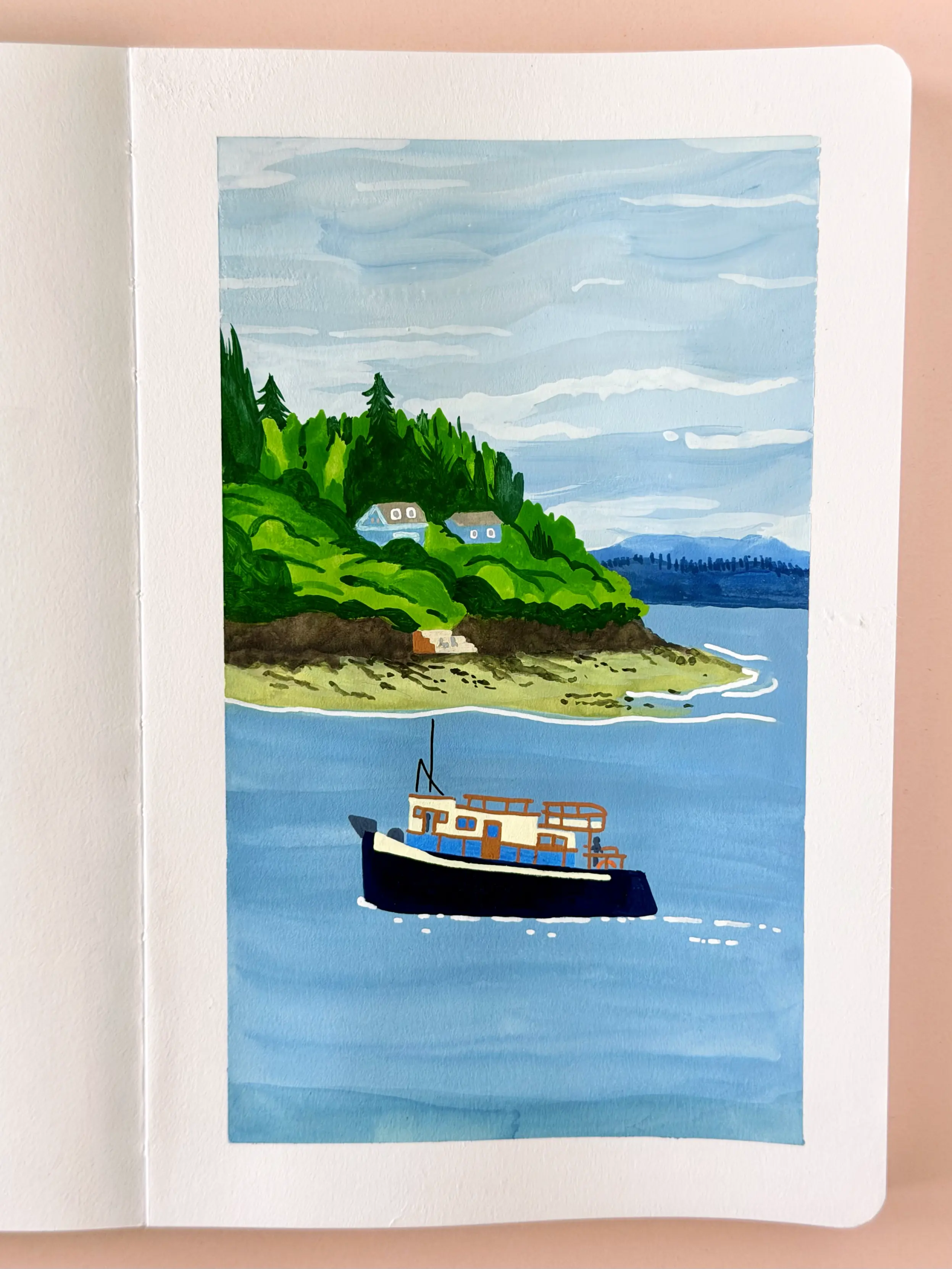 A gouache painting of two little houses nestled on a green, tree-dense outcropping of land. Surrounding the land is blue water, with blue mountains/hills in the distance. In the foreground, a navy and ivory boat (rendered in acrylic marker) glides towards the left.