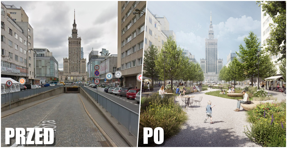 Left hand side shows before: a concrete street surrounded by parked cars overlooking the iconic Palace of Culture and Science. 

Right hand side shows after: a lush square filled with greenery with places to sit and hang out.