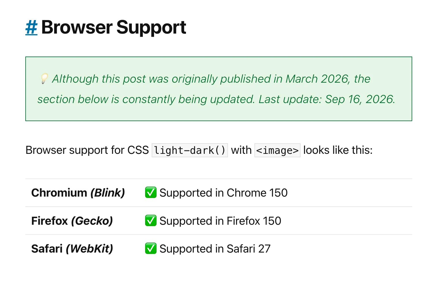Always nice to do updates like this one 😊Yes, CSS `light-dark()` with `<image>` values is now available in all ...