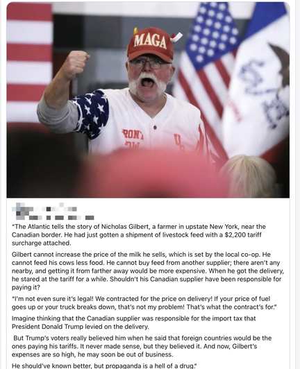 “The Atlantic tells the story of Nicholas Gilbert, a farmer in upstate New York, near the Canadian border. He had just gotten a shipment of livestock feed with a $2,200 tariff surcharge attached. 

Gilbert cannot increase the price of the milk he sells, which is set by the local co-op. He cannot feed his cows less food. He cannot buy feed from another supplier; there aren’t any nearby, and getting it from farther away would be more expensive. When he got the delivery, he stared at the tariff fo…