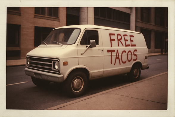 A photo taken with an 1980's era instant camera using film. The image is of a white American model cargo van circa 1970's or 1980's on a city street. On the side of the van in red spray paint are the words Free Tacos, obviously hastily hand drawn but clear legible.