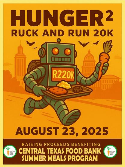 A cartoon robot running with lunch tray full of food.