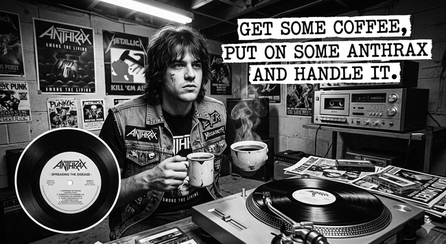 Image of an 80's thrash metalhead that includes the phrase, "Get some coffee, put on some Anthrax and handle it."