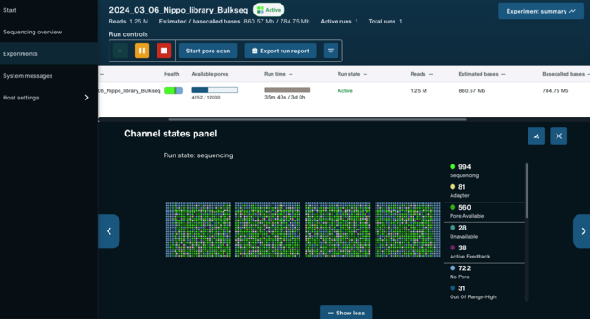 Flow cell Channel states panel, showing 994 actively sequencing pores, 81 adapters being read, and 560 pores waiting for more sequence. The flow cell has been running for 35m40s, and has produced 1.25M reads (784.75 Mb called bases)