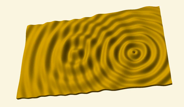 Animated 3D model of circular wave inteference. The two wave origins have different amplitudes, dropoff rates. phases, and wavelengths.

... for making animations simpler, the cycle period is the same, though.