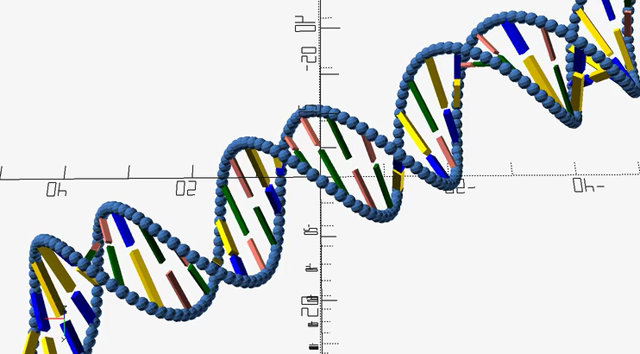 Symbolic representation of DNA, with different colours for different bases (A - green; C: blue; G: gold; T: salmon), each represented additionally by different lengths depending on number of rings in the base, and different thicknesses depending on the number of hydrogen bonds. The DNA spins on its helical axis, giving the impression of movement from the bottom left to the top right of the image, while staying still.

The bases spell out a repeating pattern of 'GRINGENE' when translated into a …