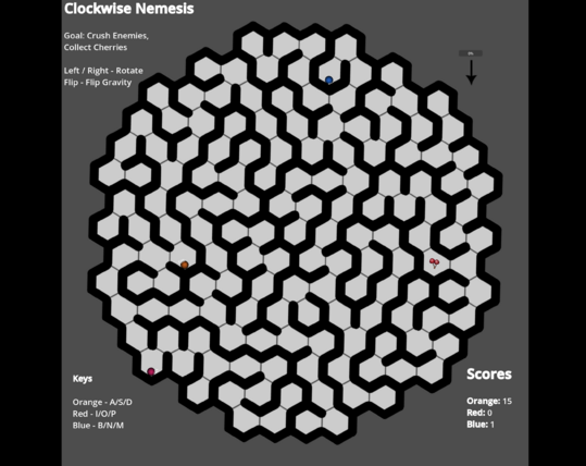 A randomly-generated hexagonal maze containing three balls and a couple of cherries.