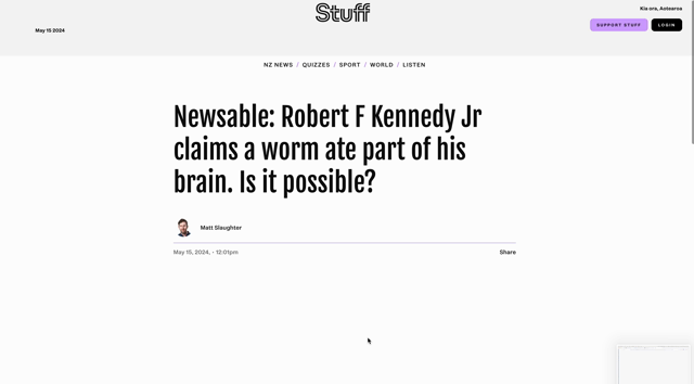 Flashing / reloading web page with heading "Newsable: Robert F Kennedy Jr claims a worm ate part of his brain. Is it possible?"