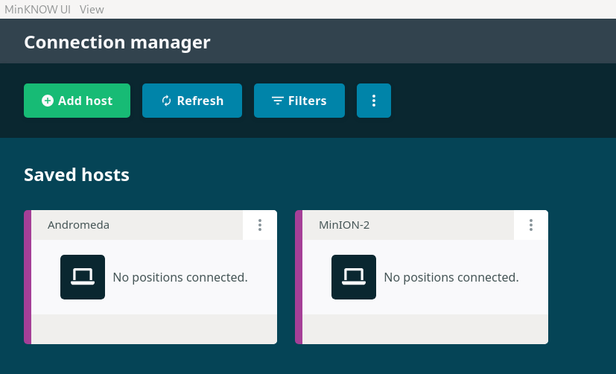 MinKNOW screenshot with two remote hosts available to connect to