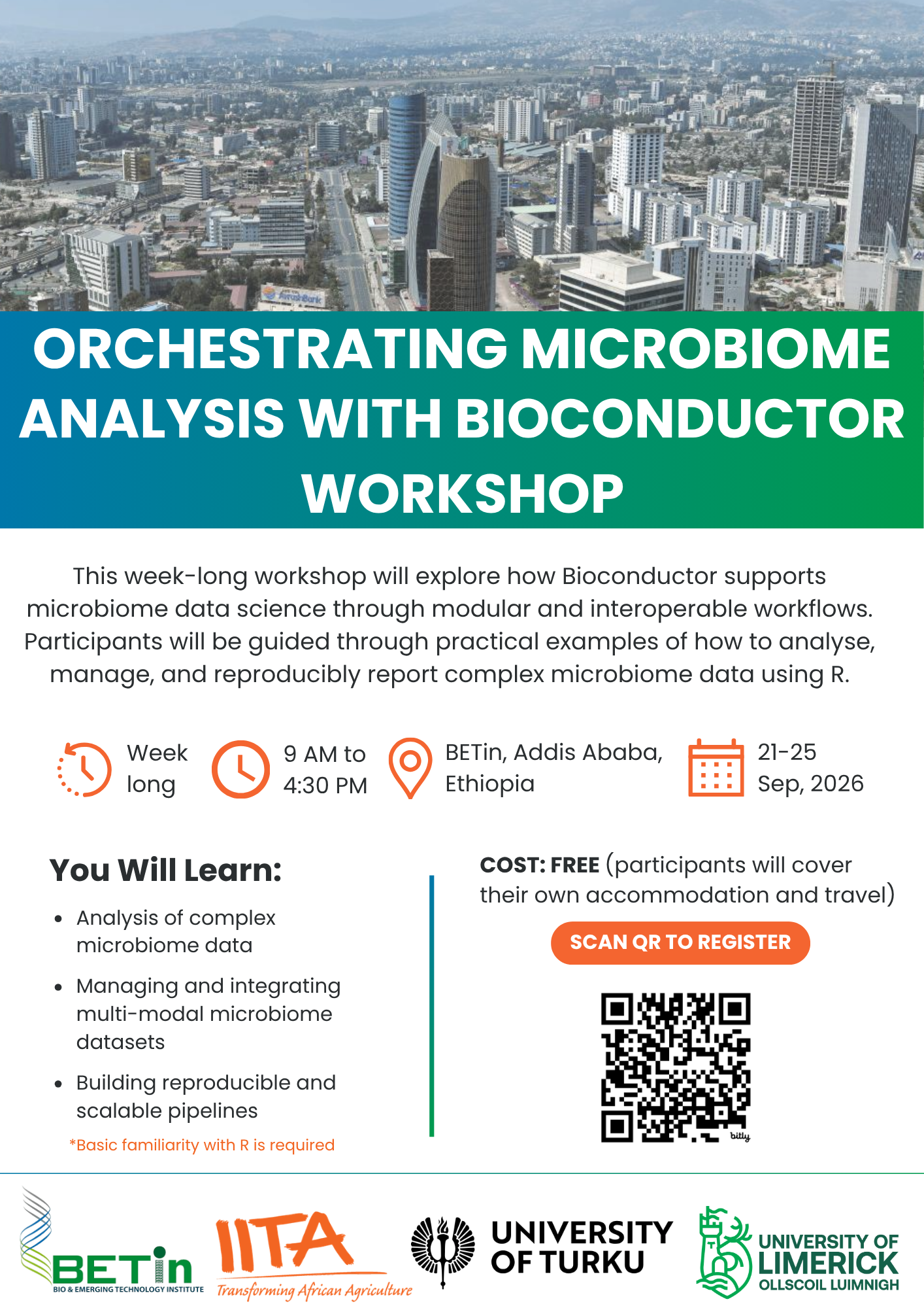 Workshop poster for "Orchestrating Microbiome Analysis with Bioconductor" — a week-long, free R-focused training in Addis Ababa (BETin) 21–25 Sep 2026, 9:00 AM–4:30 PM, with QR code to register and partner logos at the bottom.