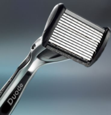 A satirical image of a razor for shaving which has twelve blades. Brand is Duode.