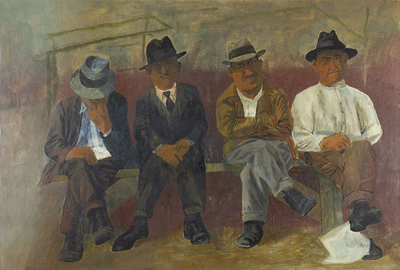 Ben Shahn (American, born Russia, 1898 - 1969), "Sunday Morning," ca. 1938-43. Tempera on paper mounted on Masonite, 15 3/4 × 23 3/4 inches. Georgia Museum of Art, University of Georgia; Eva Underhill Holbrook Memorial Collection of American Art, Gift of Alfred H. Holbrook. GMOA 1947.154.

A painting by Ben Shahn in shades of brown, black, gray and white that shows four men sitting on a bench, facing us. They all wear hats. The one on the left is looking down so we can't see his face.