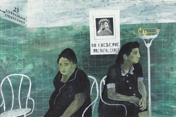 Ben Shahn (American, born Russia, 1898 - 1969), "The Clinic," 1944. Tempera on paper mounted on Masonite, 15 5/8 × 22 3/4 inches. Georgia Museum of Art, University of Georgia; Eva Underhill Holbrook Memorial Collection of American Art, University purchase. GMOA 1948.204.

A painting by Ben Shahn that shows two women, both wearing black, in an ob/gyn waiting room, tiled in green. A poster on the wall shows a child's face and the words "Do I deserve prenatal care?"