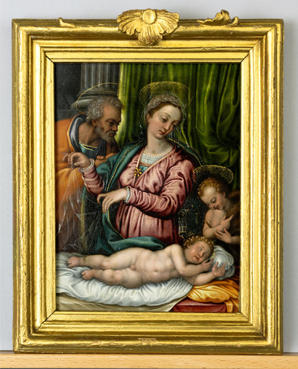 "Holy Family," by an artist in the circle of Lavinia Fontana (1552 Bologna – 1614 Rome). Mary, standing at the center of the composition, turns her head toward the sleeping infant Jesus while lifting a translucent veil to cover him. The young St. John the Baptist holds a reed cross and bows over the child, while St. Joseph appears in the left background in prayer.