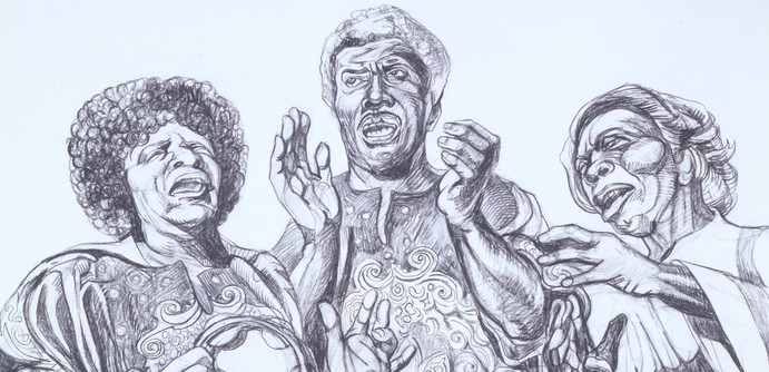 Detail of a drawing of a group of three Black people by Art Rosenbaum, seen somewhat from below, singing together. The one on the left holds a tambourine.