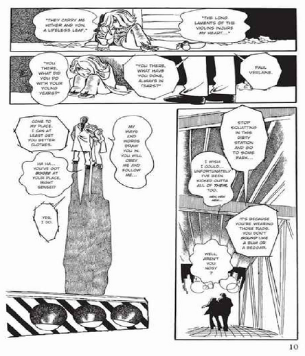 Page of black and white comics art stretched wide with pixelated text.