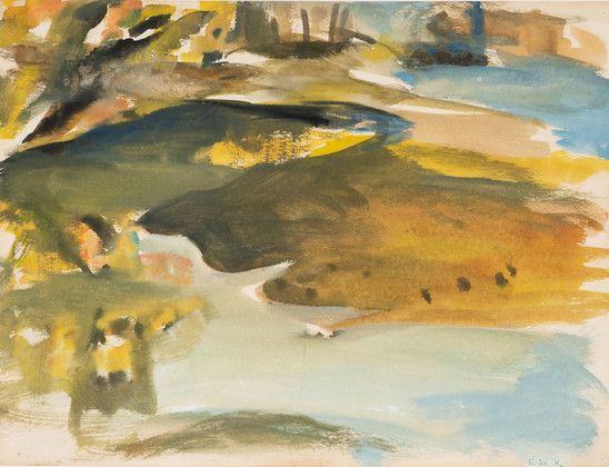 An abstracted watercolor painting by Elaine de Kooning titled "Rio Grande" that seems to show that river's landscape, with large fields of brown, green, orange and yellow as well as accents of blue. It's brushy and soft and very beautiful.