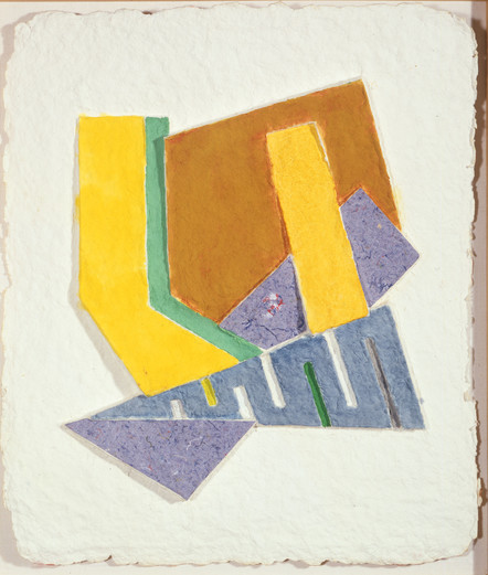 A multiple by Frank Stella made of dyed white cotton paper pulp, showing various sharp-edged geometric shapes in blue, purple, yellow, green and orange. They overlap, lock together, and sit alongside one another in the middle of a rough white field.