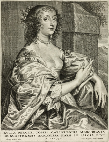 Pieter de Bailliu the Elder's engraving after Anthony van Dyck of Lucy Percy, Countess of Carlyle. The countess sits facing to her left, wearing an elaborate, shiny, low-cut gown. She appears in 3/4 view, looking back toward the viewer.