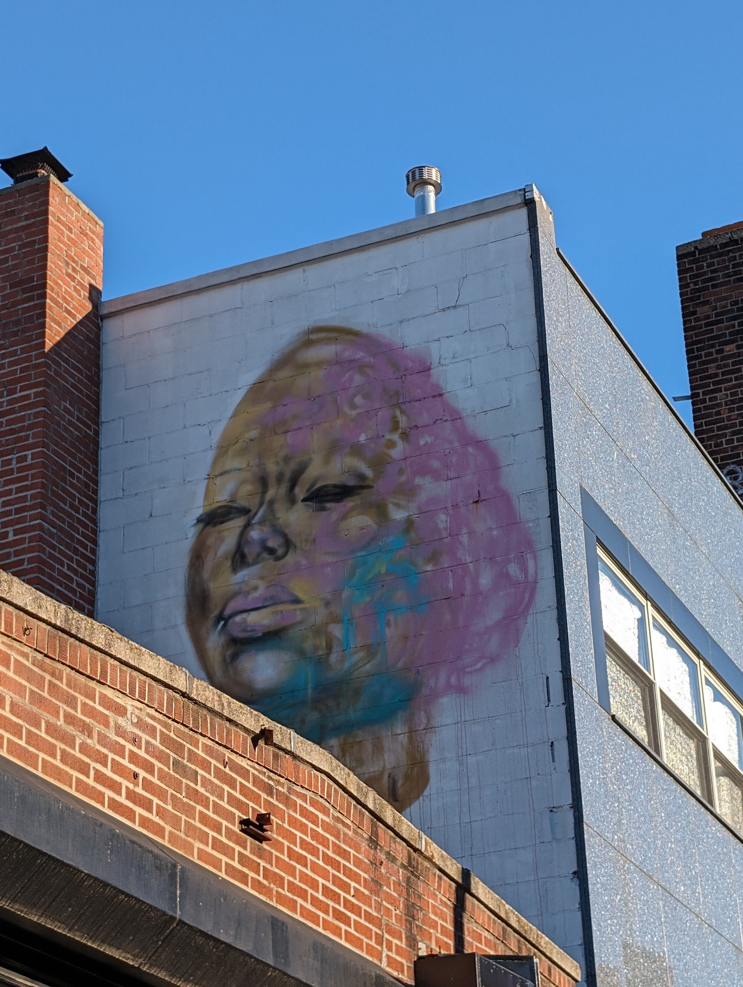 Photo of a black woman's face with eyes closed painted on the side of a white building. Her hair is only pink curls on the left side of her face. Teal paint covers part of her left cheek and under her chin.