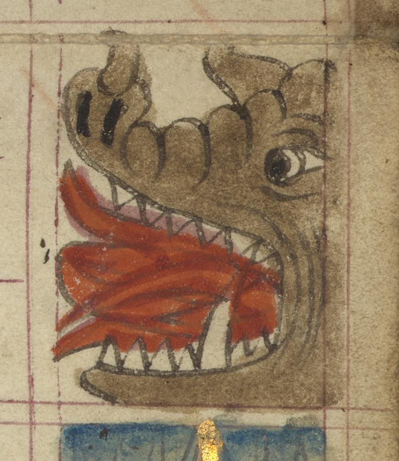 A medieval illustration of a monstrous head with jagged teeth and a forked tongue 