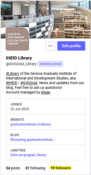 Screen capture of the IHEID Library account on sciences.social showing 19 followers.