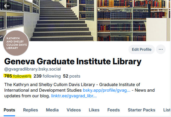 Screen capture of the IHEID Library account on Bluesky with 785 followers.