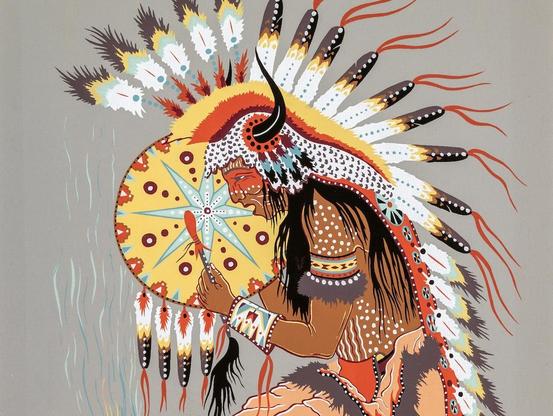 A detail of Woody Crumbo's serigraph "Medicine Song," a color print that shows a Native American man with a full feather headdress kneeling on the ground. He's seen in profile, facing left, and holds a round painted drum with feathers hanging from it up by his head. He strikes the drum with a padded red stick and his mouth is open, suggesting that he may be singing.