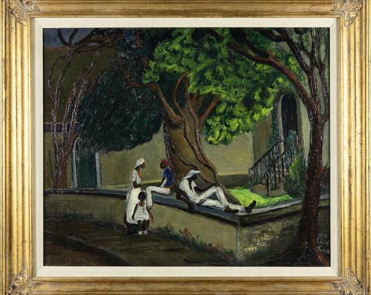Nell Choate Jones' painting "Square at St. Mary's," a color scene that shows a Black family in a southern square, next to a big tree. They could be in front of a church. Most of them are wearing white.