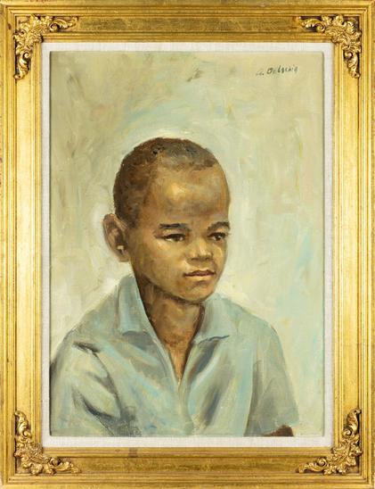 Augusta Oelschig's painting of a young Black boy in a gold frame. She shows him at bust length, looking slightly to his left. He wears a pale blue shirt with an open collar.